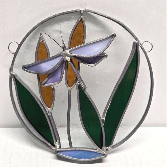 Vintage 3D DRAGONFLY STAINED GLASS WINDOW PANEL SUN CATCHER - Picture 1 of 8